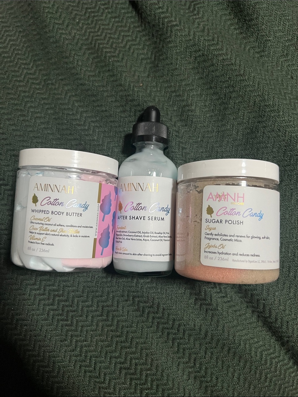 AMINNAH Cotton Candy Whipped Body Butter, Serum & Sugar Polish